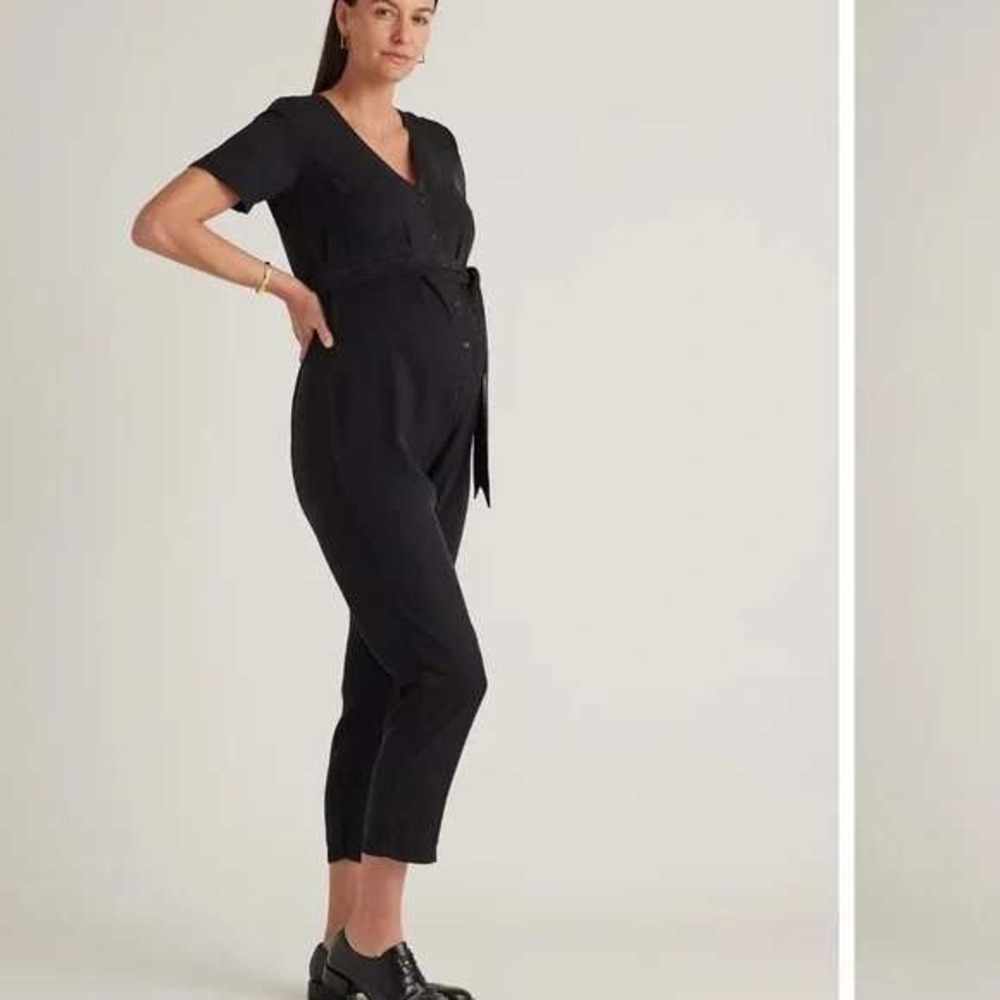 Quince Vtg Wash Tencel Button Front Maternity Jumpsuit Black XL NEW No Belt